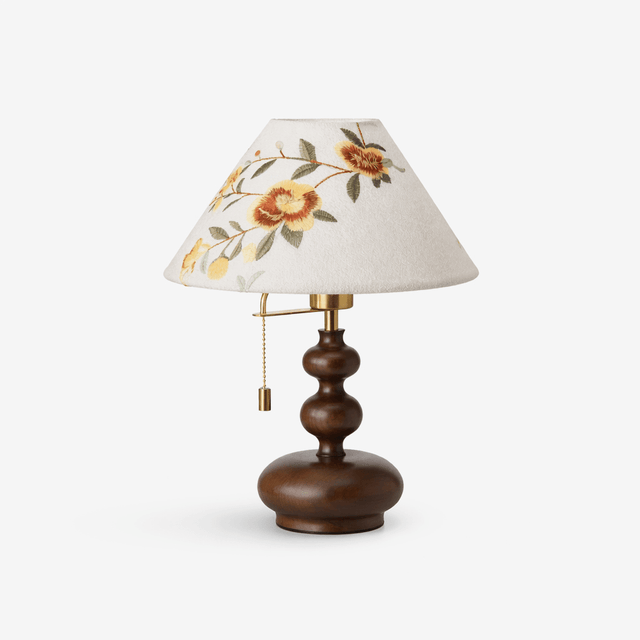 Table lamp with a painted floral shade on a turned walnut gourd base
