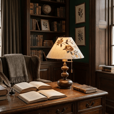 Floral shade lamp lit on a desk beside an open book and a globe