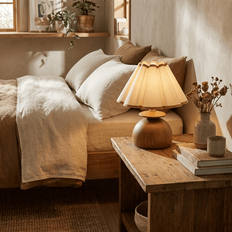 Accent table lamp lit on a wood bench at the foot of a bed