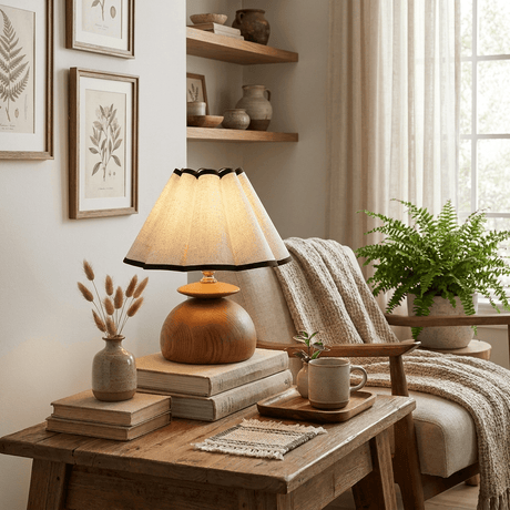Accent table lamp lit on a console beside books and a fern