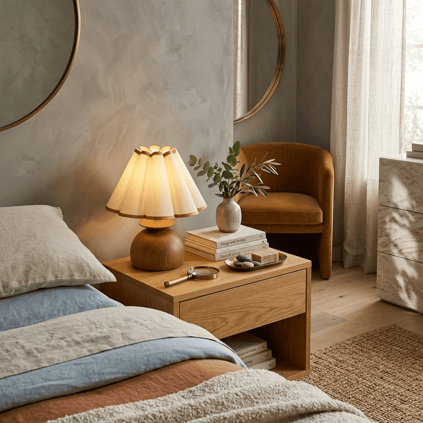 Accent table lamp lit on a nightstand beside a bed and a mirror