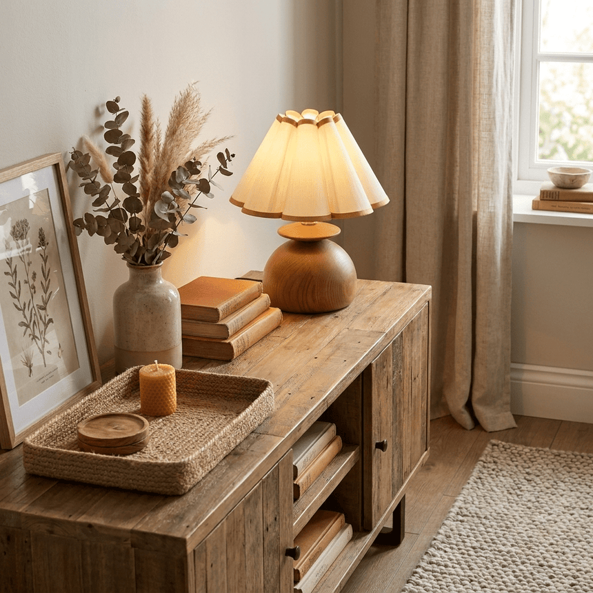 Accent table lamp lit on a rustic sideboard beside dried stems