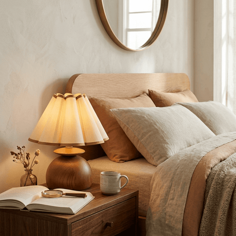 Accent table lamp lit on a nightstand below a round mirror