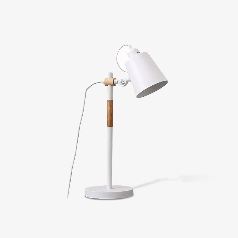 Adjustable desk lamp seen in full height against a plain pale ground