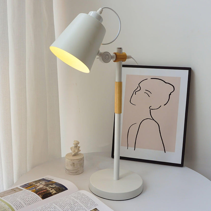 Adjustable desk lamp lit beside a framed line drawing and a magazine