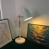 Adjustable desk lamp lit in a dark room beside two framed prints
