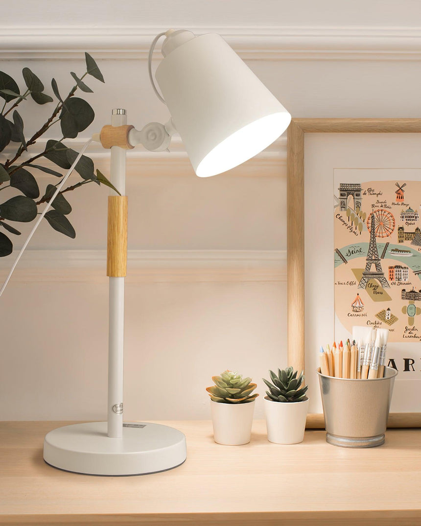Adjustable desk lamp lit on a shelf beside pencils and small plants