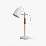 Adjustable desk lamp with a tilting white head on a wood stem, plain ground