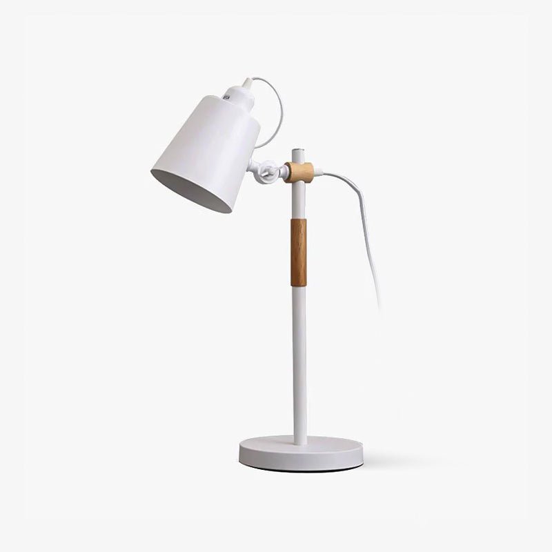 Adjustable desk lamp with a tilting white head on a wood stem, plain ground