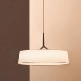Flat drum shade seen against a warm brown wall