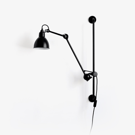 Swing arm wall lamp with a black cone shade, a jointed arm and a hanging cord