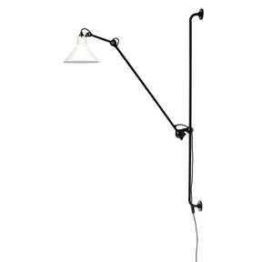 The white cone shade on a black arm, seen on a white background