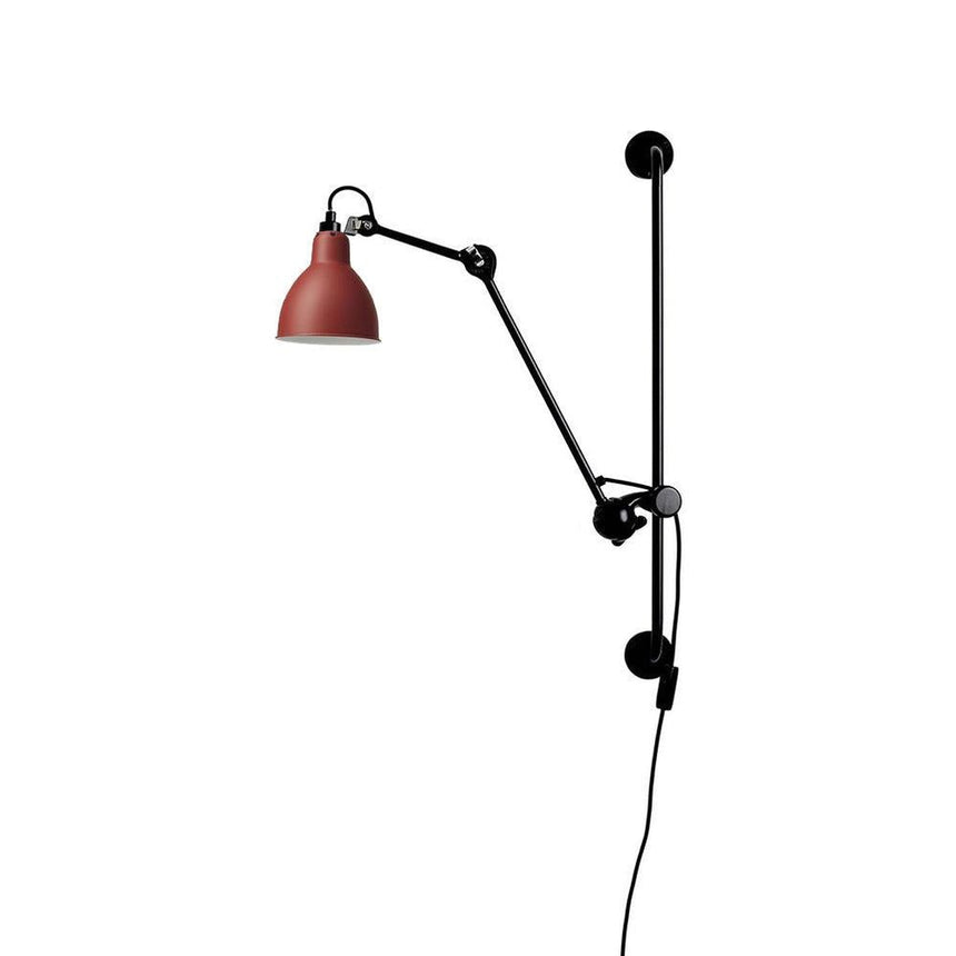 The wine red cone shade on a black arm, seen on a white background