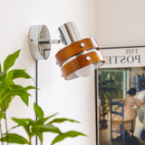 Walnut drum sconce lit next to a leafy plant and a framed poster