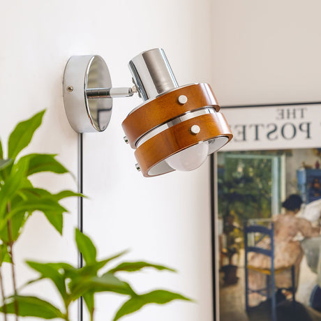 Walnut drum sconce lit next to a leafy plant and a framed poster