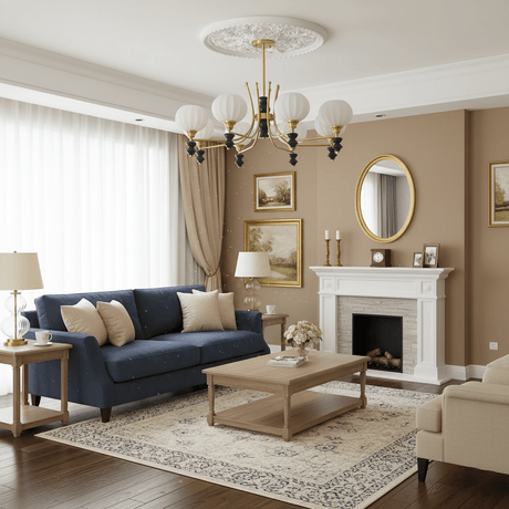 Chandelier lit in a living room above a blue sofa near a fireplace