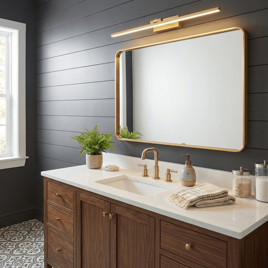 Brass bar lit above a framed mirror on a dark panel wall over a walnut vanity