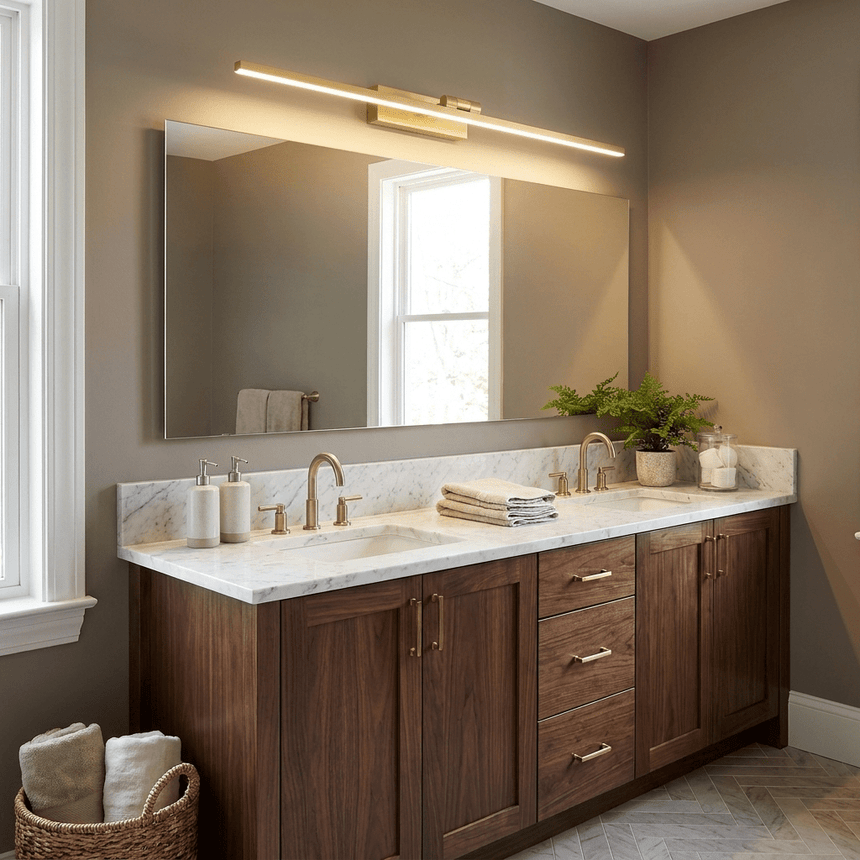 Brass bar lit over a mirror above a double basin vanity beside a bright window
