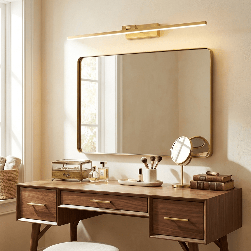 Brass bar lit above a wide framed mirror on a walnut dressing table with brushes