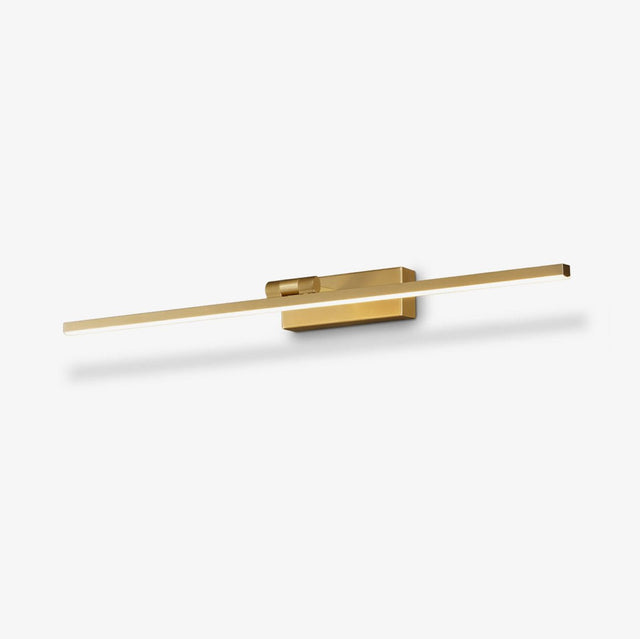 Aged brass vanity light, a slim bar held by an offset geometric bracket