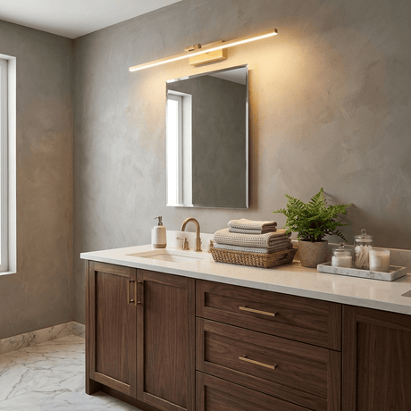 Brass bar lit above a small mirror on a plaster wall over a wood vanity and basin