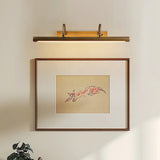 Brass bar lit over a framed script print above a plant on a pale wall