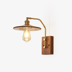 Aged brass wall sconce with a clear glass shade on a walnut backplate