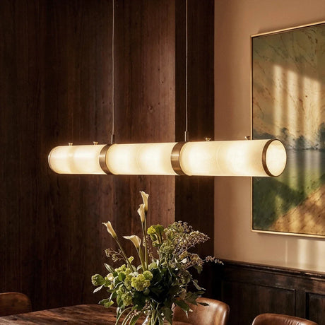 The lit tube in a dark timber dining room above flowers and a framed painting
