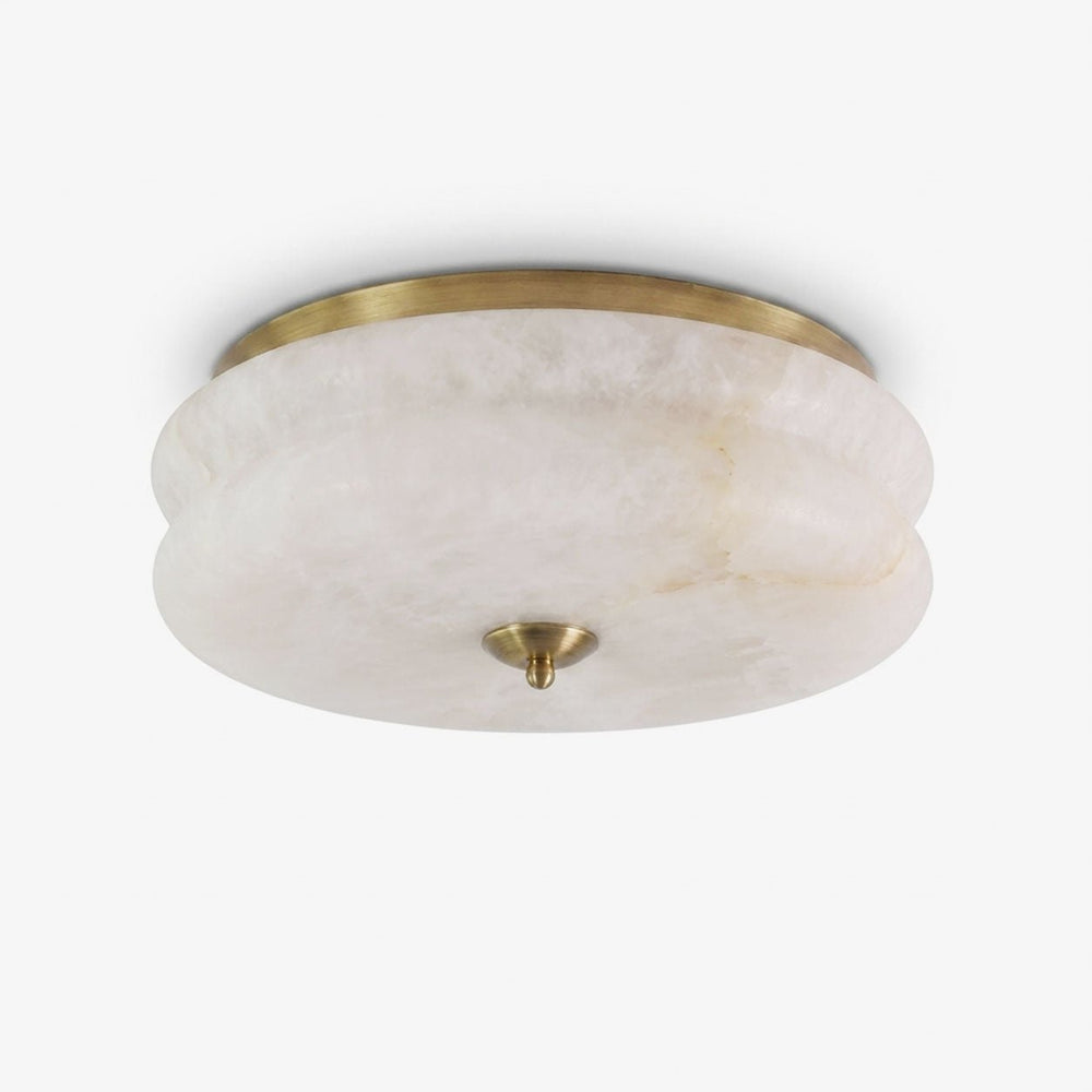 Alabaster flush mount ceiling light with a scalloped stone shade and a brass trim ring