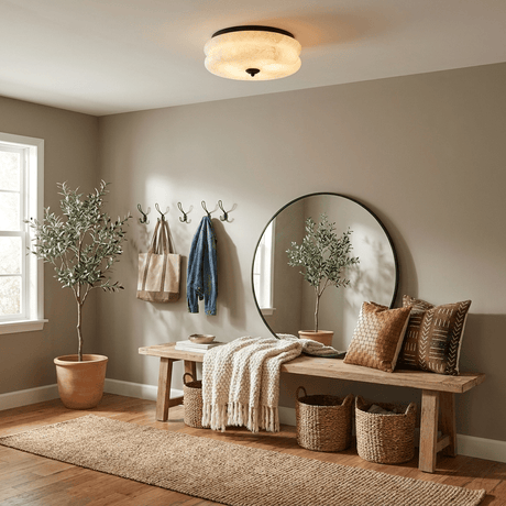 Scalloped alabaster ceiling light in an entry with a round mirror, a bench and baskets