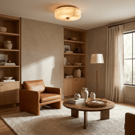 Scalloped alabaster ceiling light in a sitting room with a leather chair and shelving