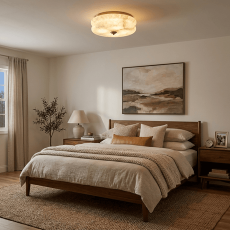 Scalloped alabaster ceiling light lit above a bed with a framed landscape behind