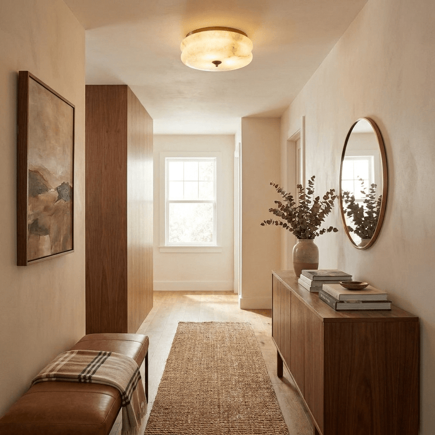 Scalloped alabaster ceiling light in a hallway with a round mirror and a console