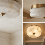Three views of the alabaster ceiling light, mounted, in close up and lit from below