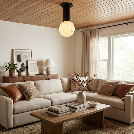 Alabaster sphere ceiling light lit above a sectional sofa under a wood plank ceiling