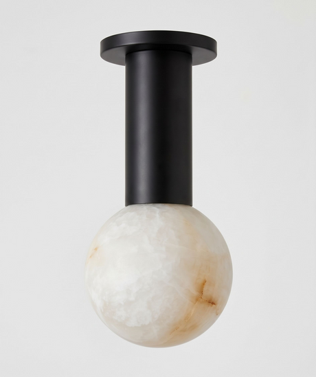 Black column alabaster sphere ceiling light shown close up against a plain background