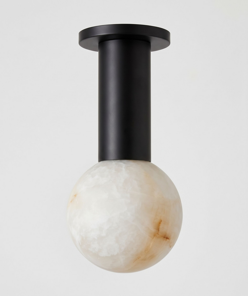 Black column alabaster sphere ceiling light shown close up against a plain background