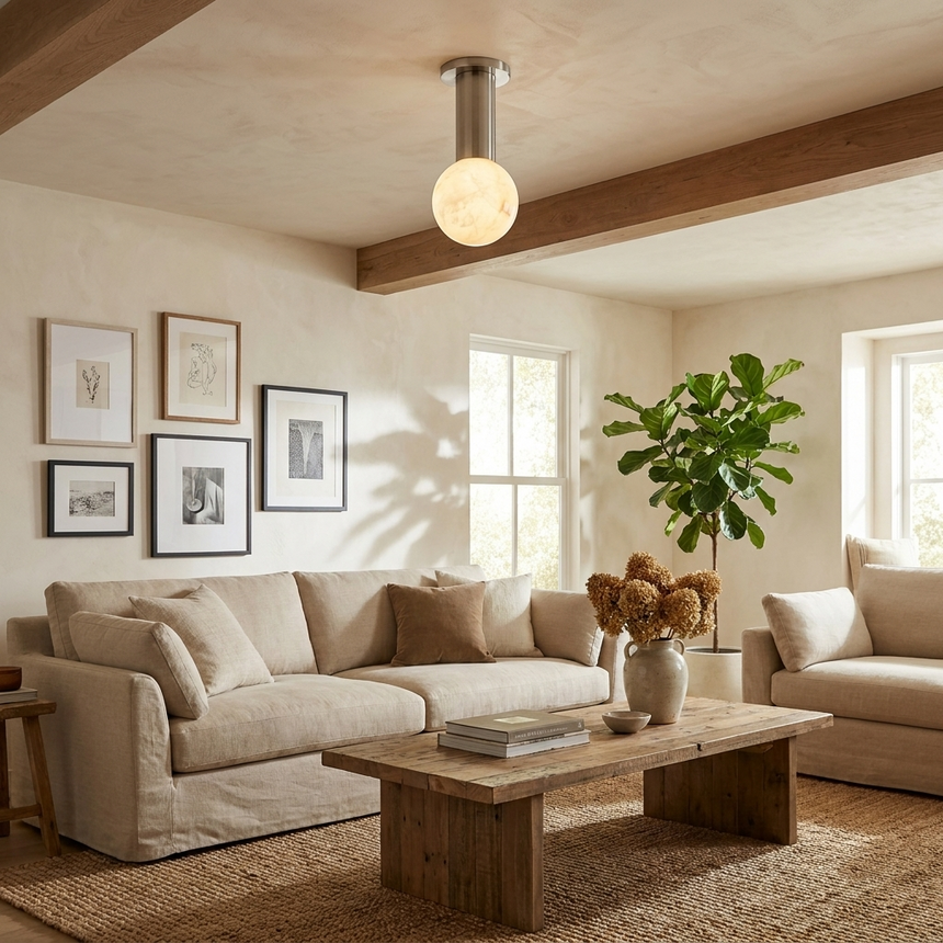 Alabaster sphere ceiling light lit in a living room with framed prints and a plant