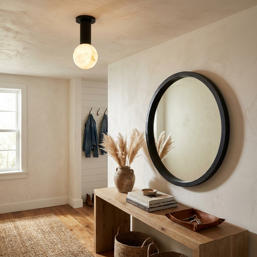Alabaster sphere ceiling light above an entry console with a black framed oval mirror