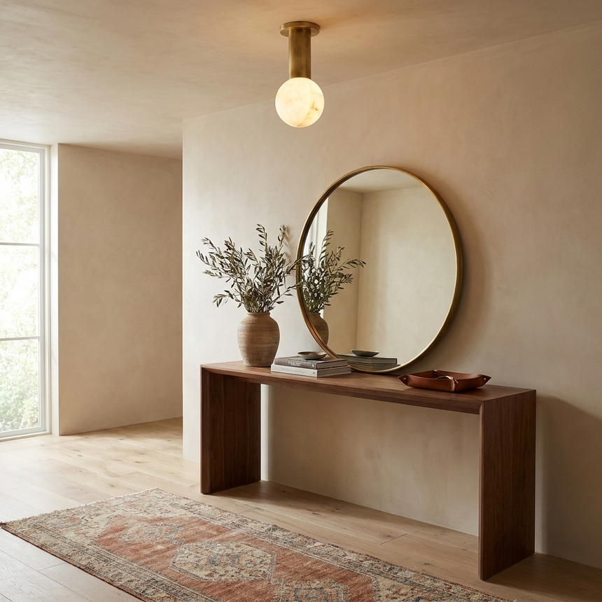 Alabaster sphere ceiling light in a hallway with a round mirror and a wood console