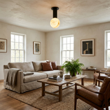Alabaster sphere ceiling light lit in a living room with a sofa and a plant by a window