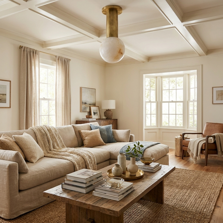 Alabaster sphere ceiling light under a beamed ceiling in a living room with a sofa