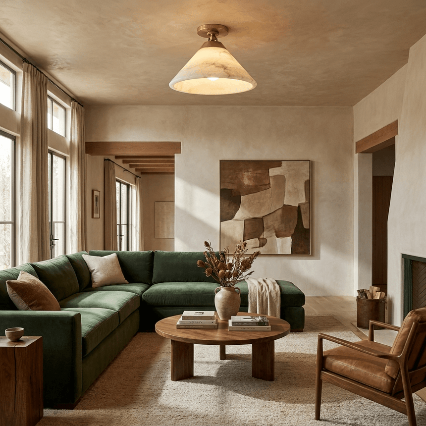 Alabaster cone ceiling light in a living room with a green sofa and a round table