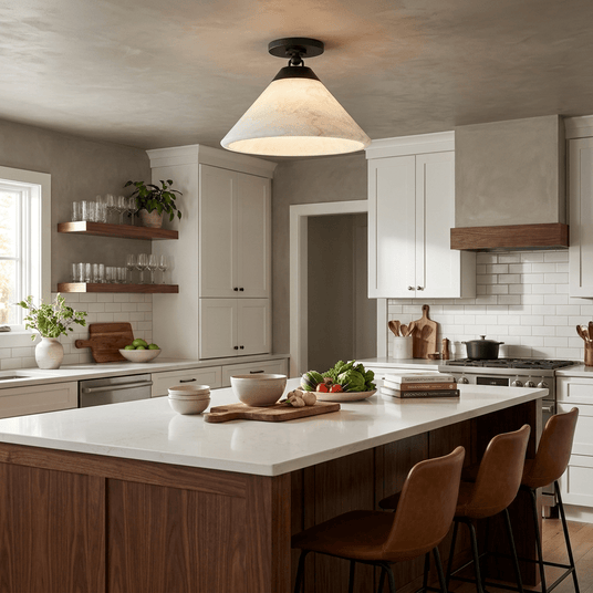 Alabaster cone ceiling light above a kitchen island with leather stools