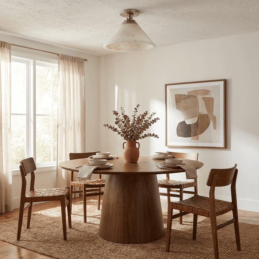 Alabaster cone ceiling light lit over a round dining table beside a window