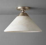 Nickel finish alabaster cone ceiling light shown close up against a plain background