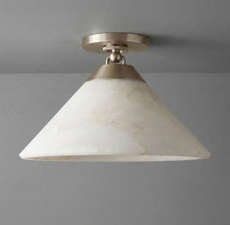 Nickel finish alabaster cone ceiling light shown close up against a plain background