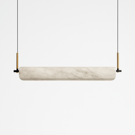 A single rounded alabaster bar held at each end by copper pins on cables
