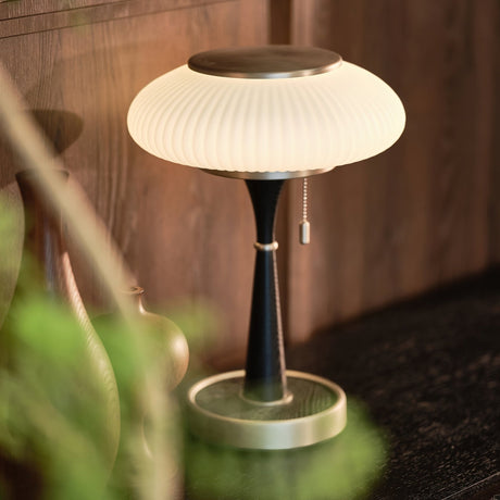 Ribbed glass cap lit close against a dark ground with foliage