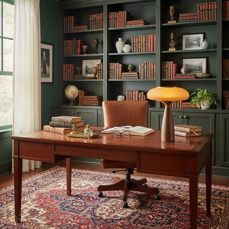 Amber glass table lamp lit on a desk in a green library with shelves